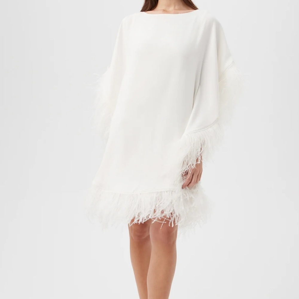New with Tags - Trina Turk Neena Craftan White Feather-Trim Mini Dress
